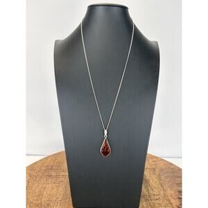 Vintage Large Natural Amber 925 Sterling Silver Pendant Necklace 22"